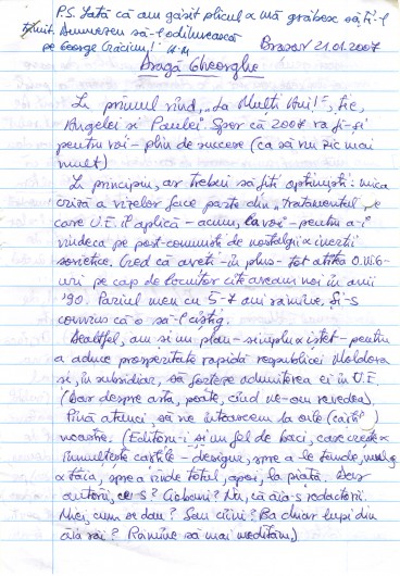 Scrisoarea lui Alexandru Mușina din 21 ianuarie 2007